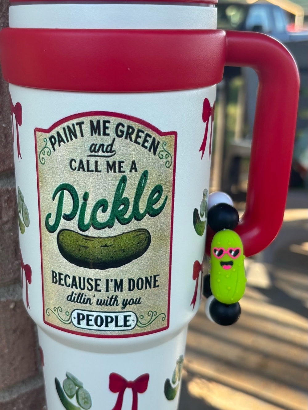 Pickle-Themed Travel Tumbler with Red Handle - Home Accents